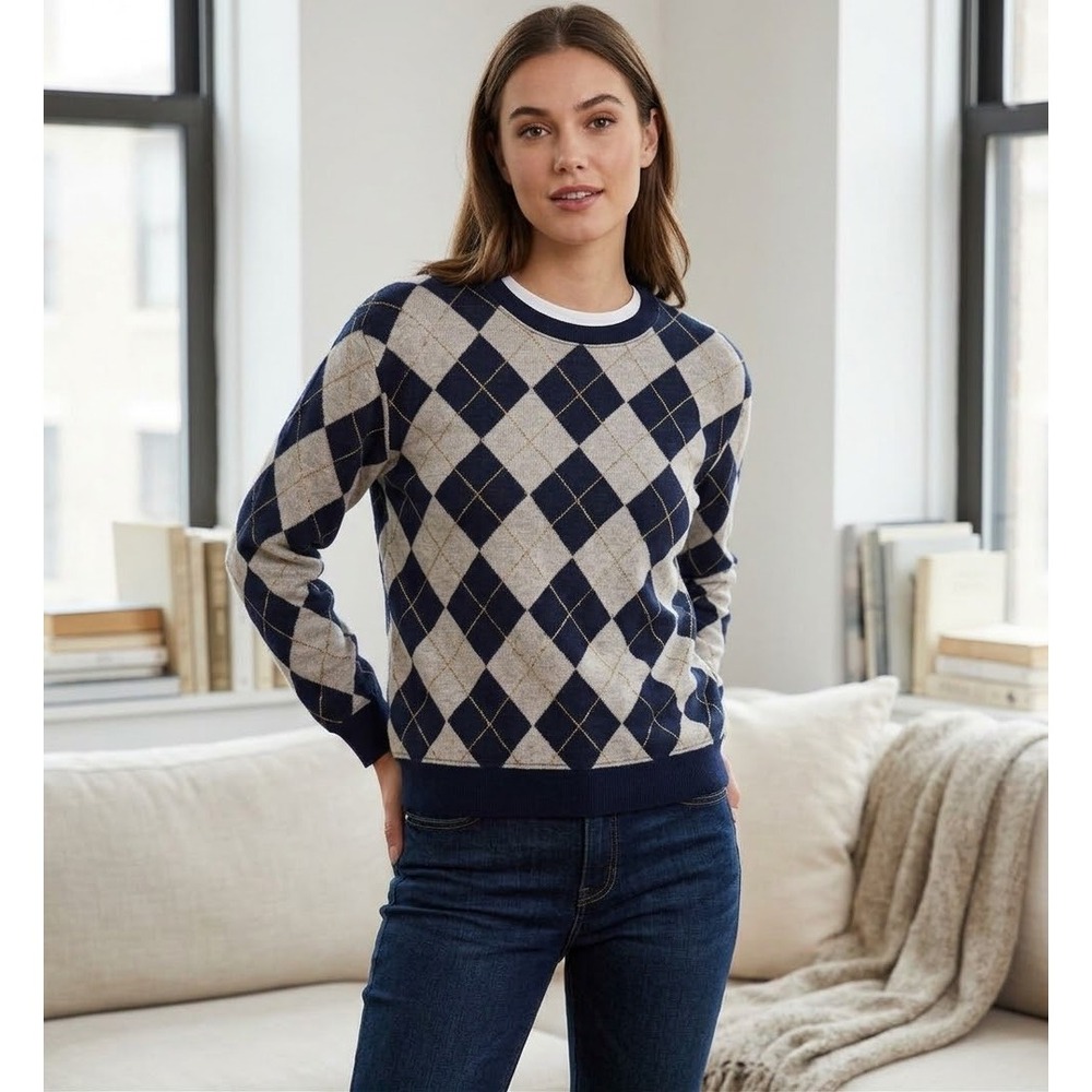 Cathy Daniels Argyle Knit Pullover Sweater Navy Grey Gold Metallic S Academia